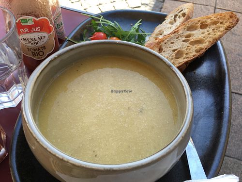 Soup of the day served with toasted bread and a small salad at Utopia in Bordeaux