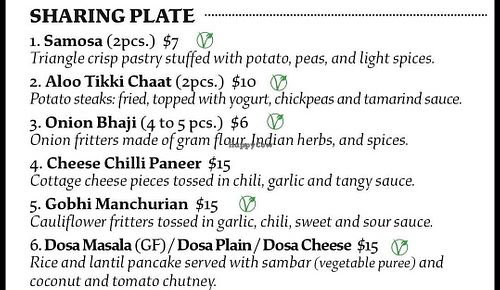 Entree menu at Indian Taste Makers in Mildura