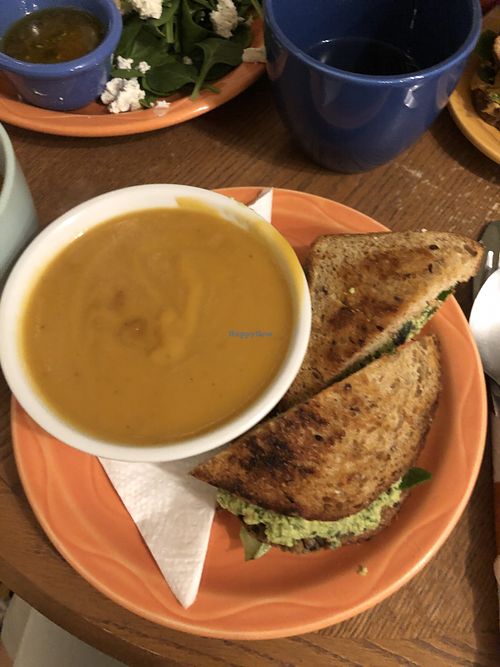 delicious creamy butternut squash bisque!! and i also got the BEST VEGGIE BURGER IVE EVER TASTES with pesto hummus at Passiflora in New Hartford
