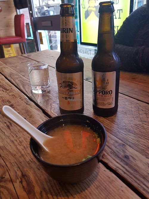 Miso soup and drinks (vg) at Mr Miyagi in Sheffield