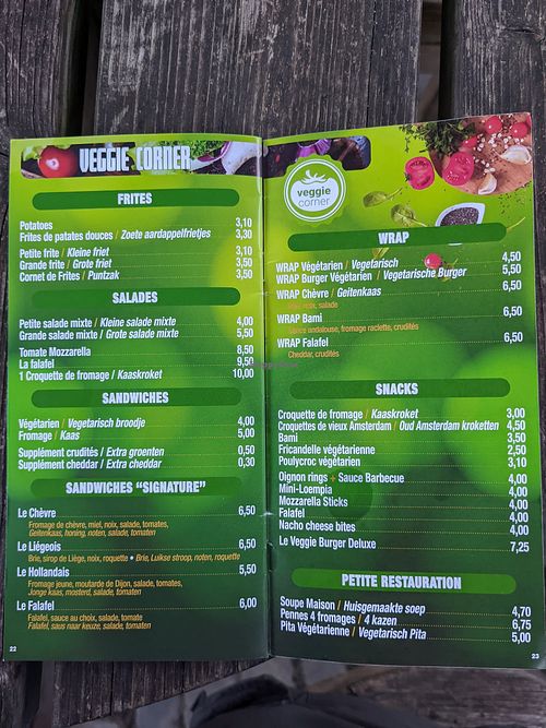 Current veggie menu at Friterie Sebastien in Stavelot