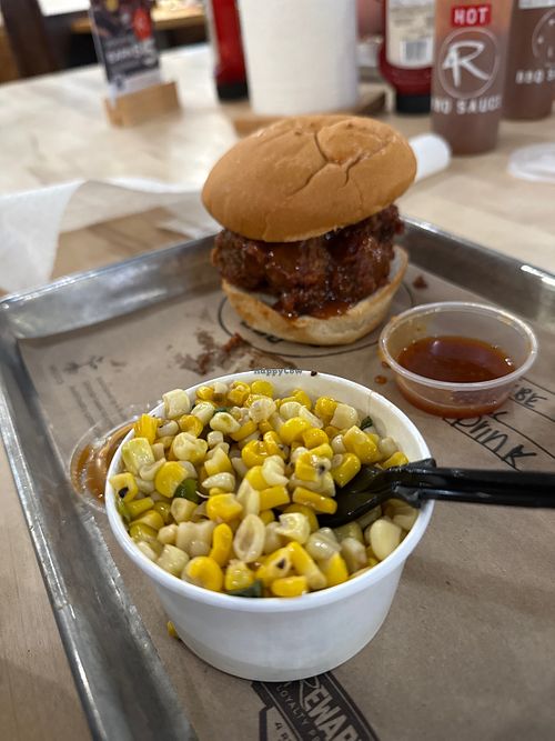 Vegan burnt end sandwich and vegan corn  at 4 Rivers Smokehouse in Orlando
