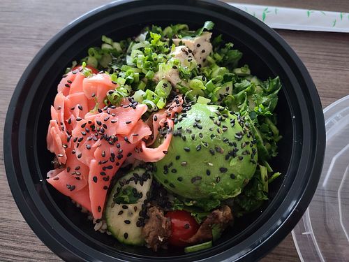 Poke bowl with tofu, vegan steak & avocado at PokeBox in Nags Head
