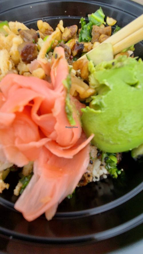 Large bowl with double vegan steak and tofu at PokeBox in Nags Head