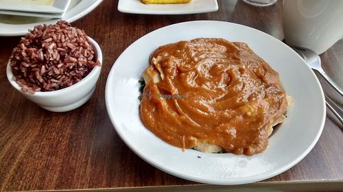 Chicken and spinach with peanut sauce and rice at Urban Vegan - Lake View in Chicago