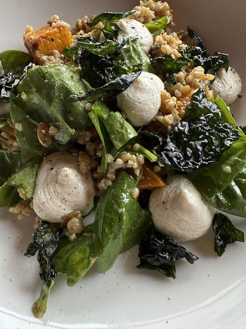 Pumpkin Spinach Salad with Vegan cheese   at GOMA Bistro in South Brisbane