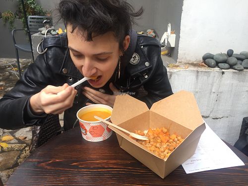 The female incarnation of Joe Strummer tucks into her pumpkin soup like the sweet Gannet she is. at AhimSa Vega-Yoga in Belgrade