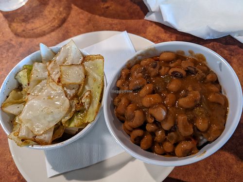 Well seasoned sides, cabbage, black eyed peas and rice at the hive vegan eatery in Houston