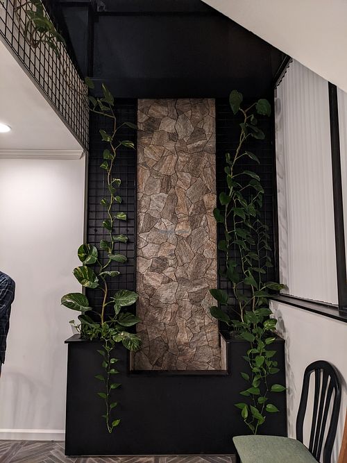 Waterfall wall in intimate dining room, opening later this year at the hive vegan eatery in Houston