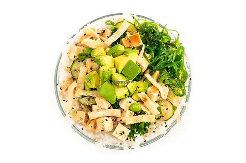 Organic firm tofu, cucumber, sweet onion, blanched kale, edamame, Sweet Shoyu flavor, avocado, green onion, seaweed salad, sesame seeds at Pokeworks in Irvine