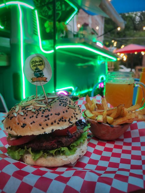 Burguer combo with pulque at Estación Vegana Oficial in Mexico City