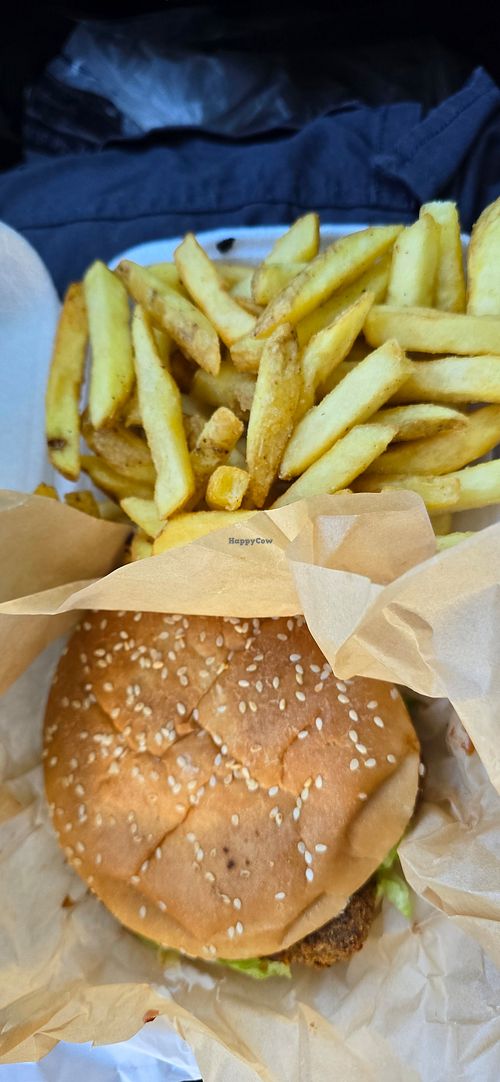 Chicken burger and chips at Plantified Kitchen in Huddersfield