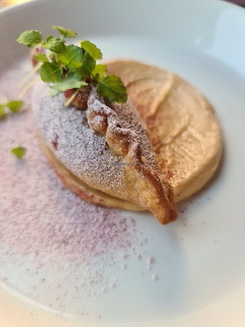 Empanadas de Ruibarbo: Caramlised white chocolate,  rhubarb and custard filled pastry.  at Patsy's in Melbourne
