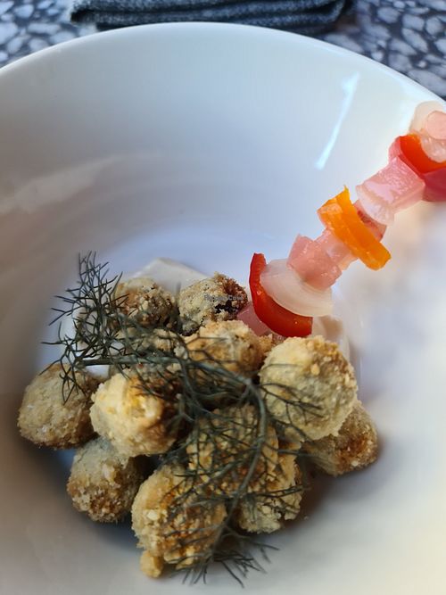 Aceitunas Rellenas Fritas: Almond crumbed fried Manzanilla olives with banderillas pickle at Patsy's in Melbourne