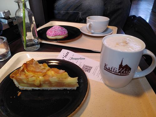 Cappuccino with oat milk, Apfelkuchen and heart donut (all vegan) at Europa Park - Kaffi Hús in Rust