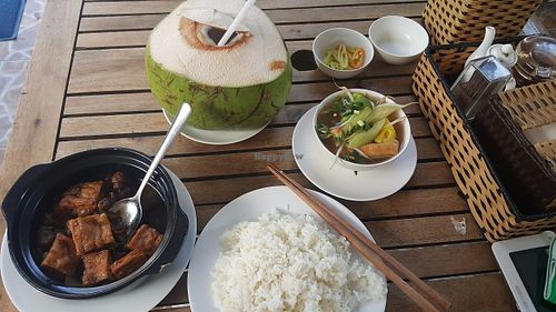 sour soup (canh chua), braised tofu and mushrooms (dau hu nam kho) and steamed rice.  at Hoa Khai in Ho Chi Minh City