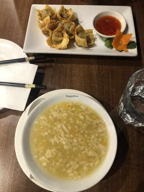 Chicken soup and deep fried wonton   at Vegan Planet in North West London