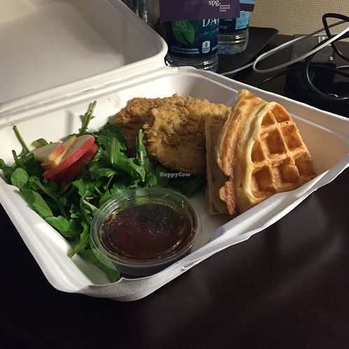 Vegan chicken and waffles to go! at Fiction Kitchen in Raleigh