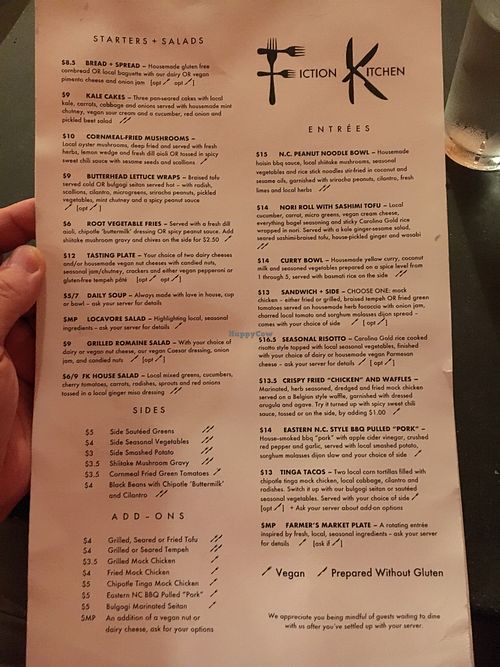 Menu at Fiction Kitchen in Raleigh