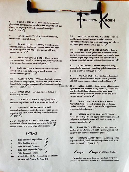 Menu at Fiction Kitchen in Raleigh