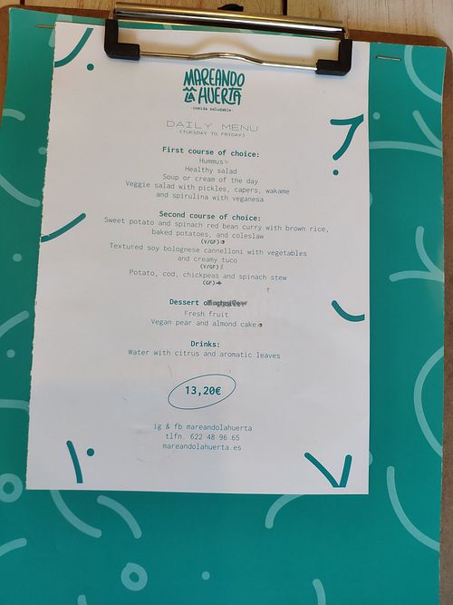 Menu of the day at Mareando la Huerta in Alicante
