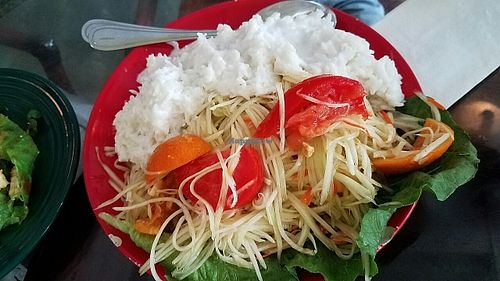 Green papaya salad with coconut rice at Tina's Garden Gourmet Cafe in Hilo