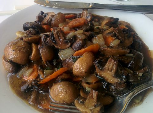 Sauteed mushrooms, onions, carrots at Loving Hut - Sunset District in San Francisco