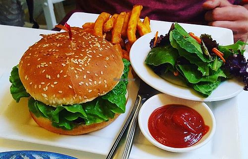 Burger and fries at Loving Hut - Sunset District in San Francisco