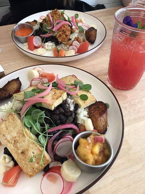 Mango tofu bol and impossible bol + watermelon and mint fresh juice  at Millie's Cuban Cafe in Brooklyn