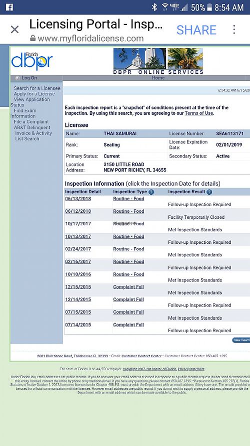 Health department inspection at Thai Samurai in Trinity
