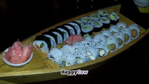 sushi boat special with 4 types of vegan sushi. sweet potato, cucumber, spicy tofu... at Thai Samurai in Trinity