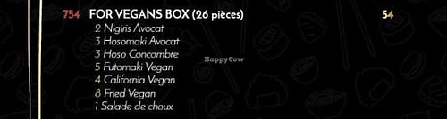 Vegan box menu at Zen Sushi in La Marsa