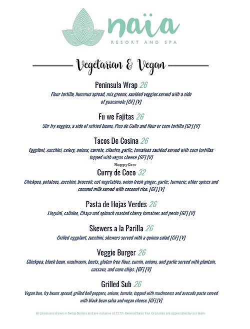 Current Menu  at Naïa - Beach Bar & Grill in Placencia