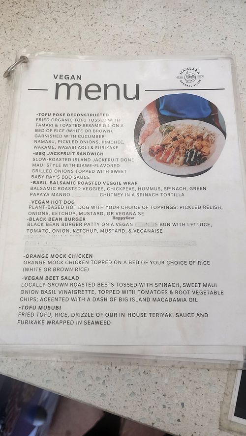 Vegan menu that's not on the black board at Ma'alea General Store in Wailuku