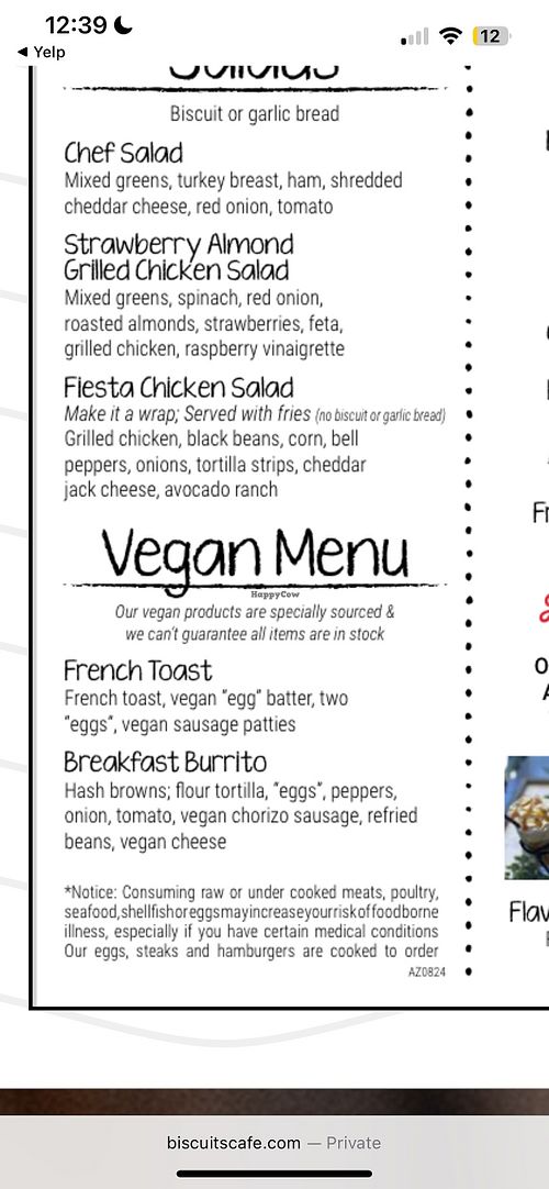 Vegan menu  at Biscuits Cafe in Surprise