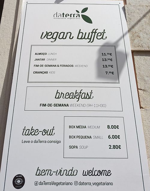 Menu at daTerra in Faro
