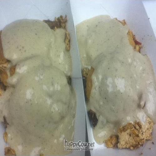 blackened tofu scramble
with home made vegan andouille sausage with biscuit and gravy on top at O! Vegasm in New Orleans