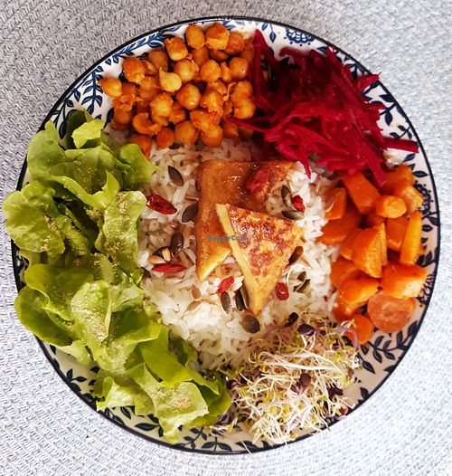 Delicious Bouddha bowl with grilled tofu, satay sauce, rice, sweet potato with nutmeg, curry chickpeas and salad at HAILO in Marseille