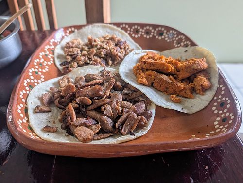 Chorizo, Arabe, and NY tacos at 100% Vegana Taqueria in Puerto Vallarta