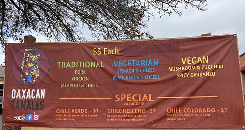 Outdoor signage of Vegan Oaxacan Tamales in the Central Valley, I recommend the Mushroom + Zucchini   at Oaxacan Tamales in Riverbank