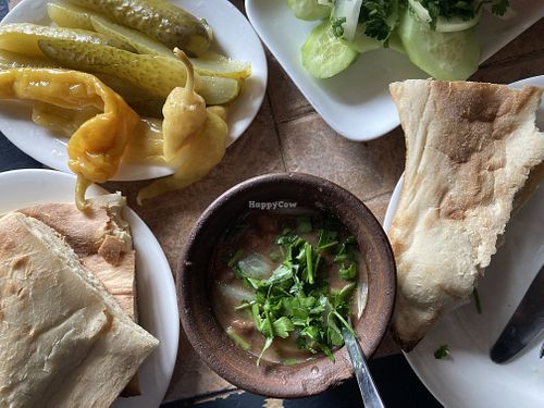 Lobio with pickled veggies, salad and bread  at El-Depo in Kutaisi