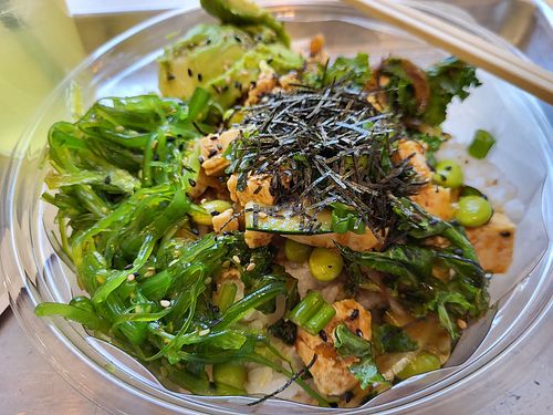 Tofu Veggie Bowl with added Nori Flakes at Pokeworks in Durham