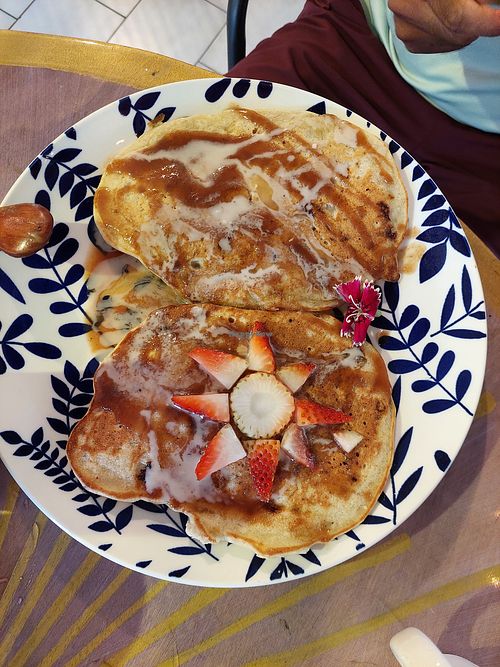 Coconut pancakes 9 USD at Varuna Plant-Based Food & Juice Bar in Manuel Antonio