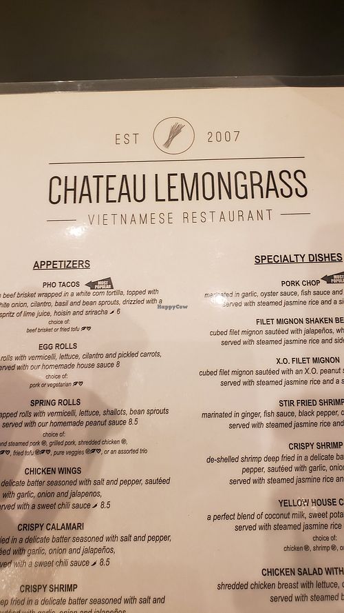 Menu at Chateau Lemongrass in Los Angeles