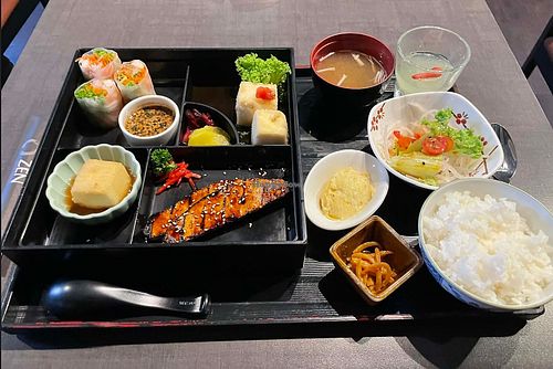 Bento box: fish option with vegan adjustments at Herbivore Japanese Vegetarian Restaurant in Central Singapore