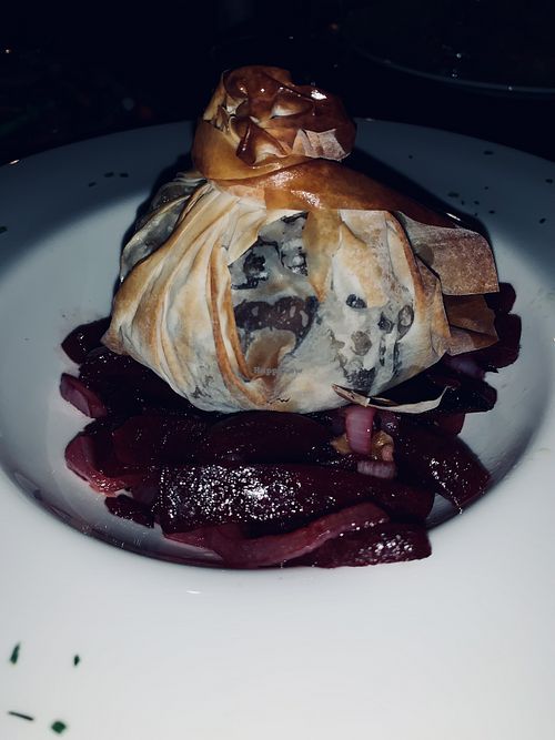 Parcel with morel mushroom and potato on beetroot  at Bellaverde in Mallorca