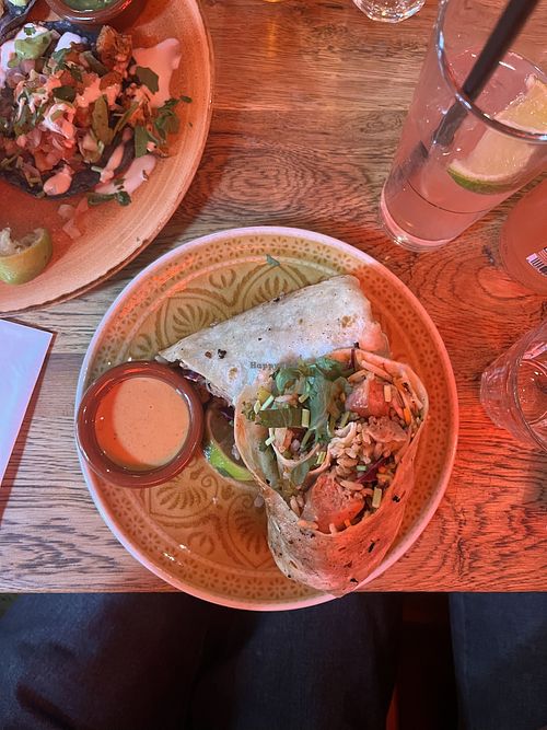 Vegan Chorizo burrito, guava soda  at Tacos & Tequila in Amsterdam