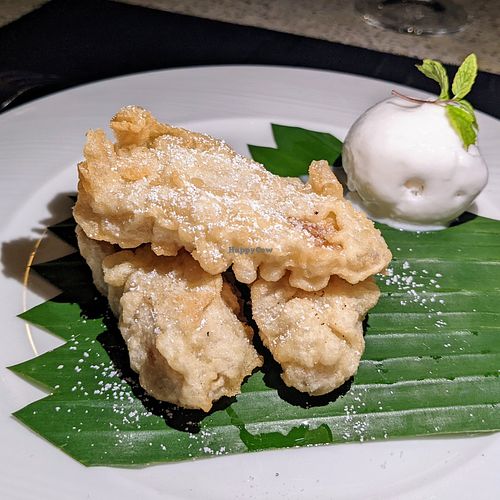 Vegan fried banana and coconut ice cream at the Hibachi grill at Ayada Maldives in Maguhdhuvaa Island