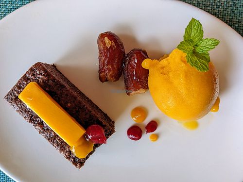 Specially made vegan cake with mango sorbet at Zero Degree at Ayada Maldives in Maguhdhuvaa Island