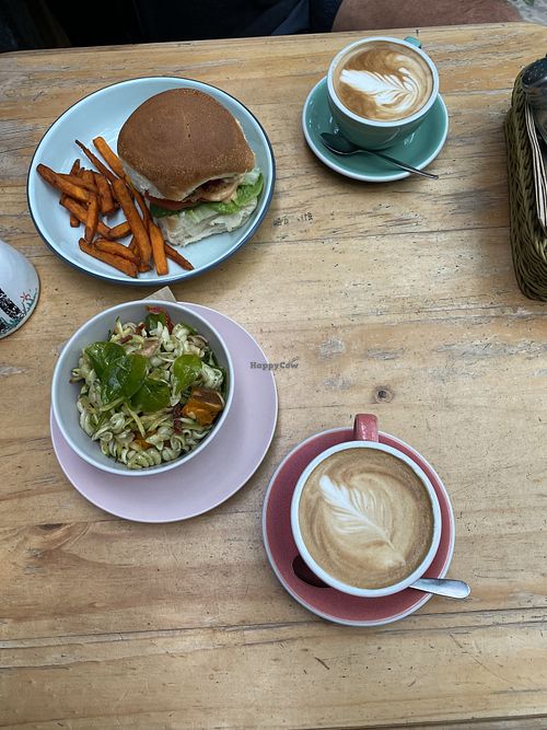 Vegan burger, almond milk coffee and vegan pesto pasta salad.   at Millie Mae's Pantry in Kangaroo Island